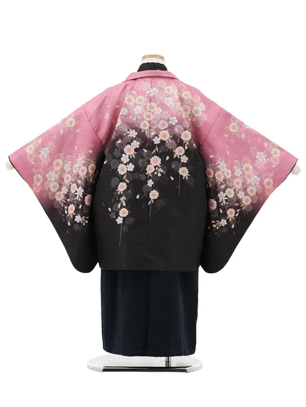 かんたん七五三(5歳男袴)X795 ピンク黒ぼかし桜×ネイビーチェック