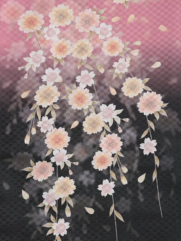 かんたん七五三(5歳男袴)X795 ピンク黒ぼかし桜×ネイビーチェック