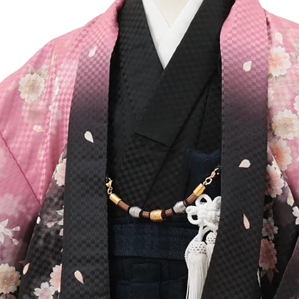 かんたん七五三(5歳男袴)X795 ピンク黒ぼかし桜×ネイビーチェック