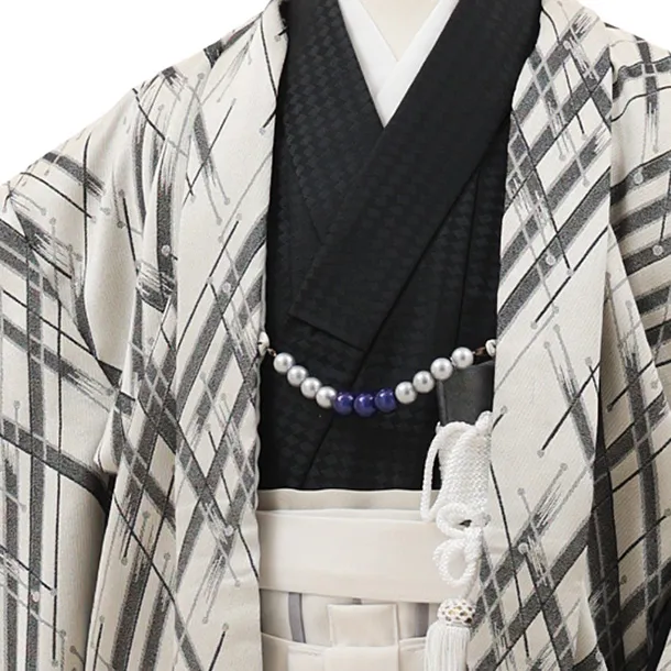 かんたん七五三(5歳男袴)X796 ベージュ変わりチェック×アイボリー