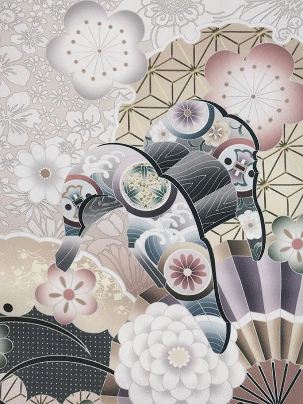 かんたん七五三(5歳男袴)X798 ベージュ梅花に鷹×モカブラウン