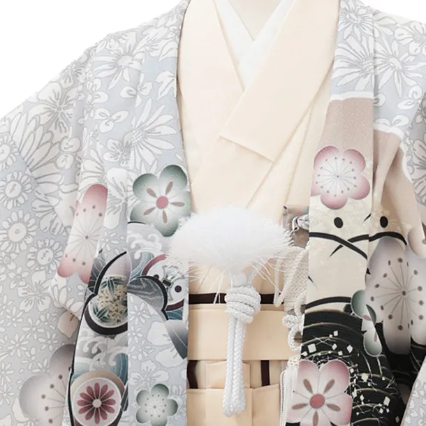 かんたん七五三(5歳男袴)X799 グレー梅花に鷹×クリームベージュ