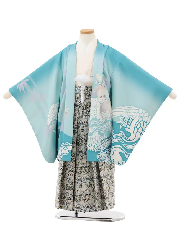 かんたん七五三(5歳男袴)X800 水色ぼかし鶴に桐×ベージュ梅