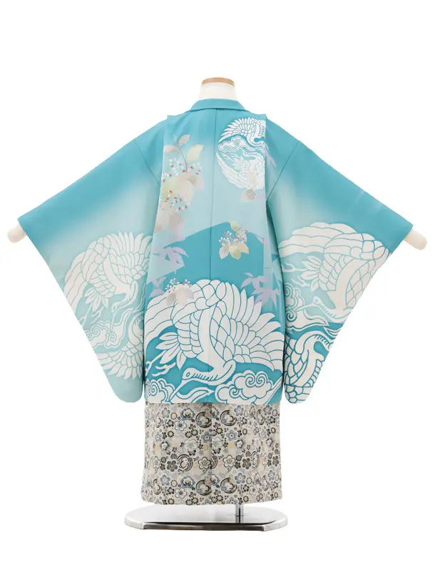 かんたん七五三(5歳男袴)X800 水色ぼかし鶴に桐×ベージュ梅