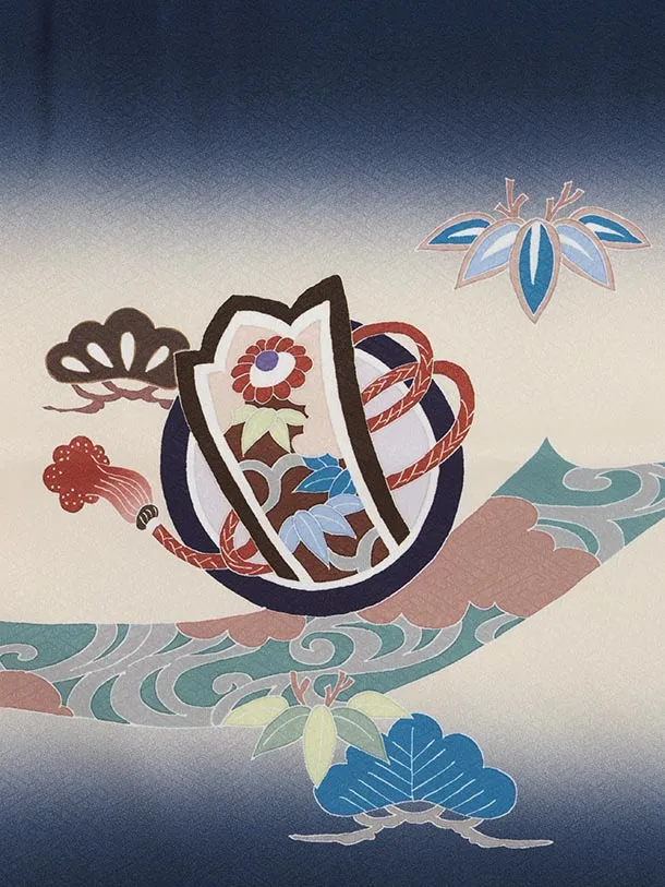 かんたん5歳袴 X803 紺地 束ね熨斗に鷹×ベージュゴールドストライプ