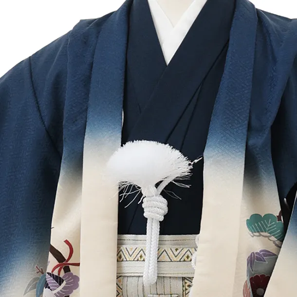 かんたん5歳袴 X803 紺地 束ね熨斗に鷹×ベージュゴールドストライプ