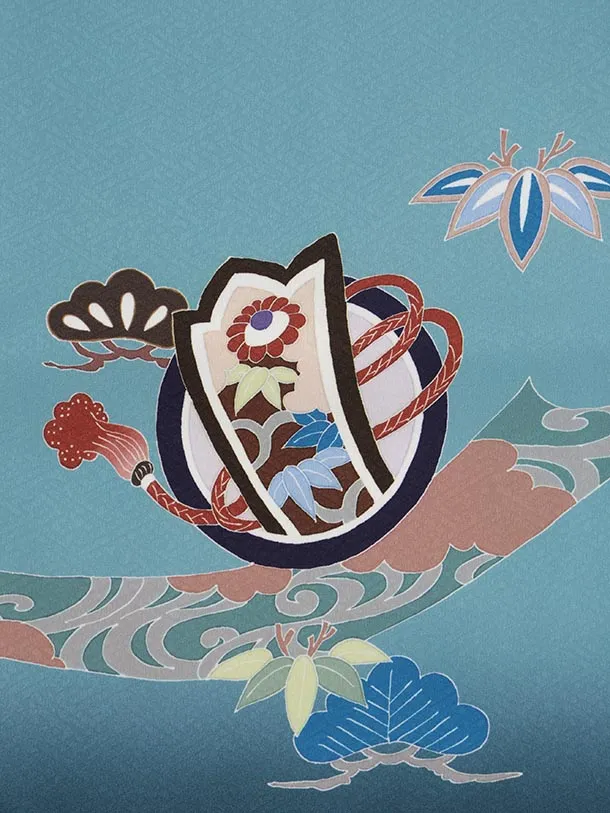 かんたん5歳袴 X804 ブルーグリーン 束ね熨斗に鷹×ベージュ茶ぼかし