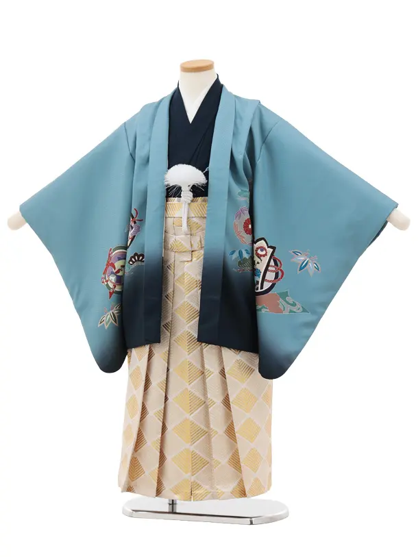 かんたん七五三(5歳男袴)X806 ブルーグレー 束ね熨斗に鷹×ベージュゴールド