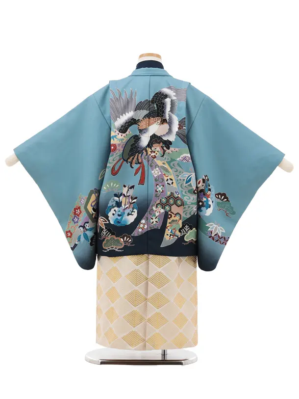 かんたん七五三(5歳男袴)X806 ブルーグレー 束ね熨斗に鷹×ベージュゴールド