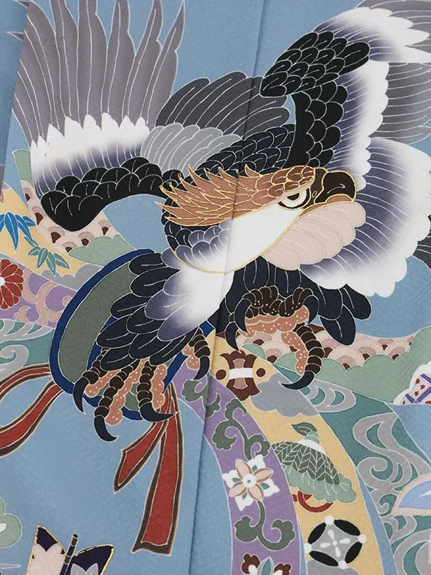 かんたん七五三(5歳男袴)X806 ブルーグレー 束ね熨斗に鷹×ベージュゴールド