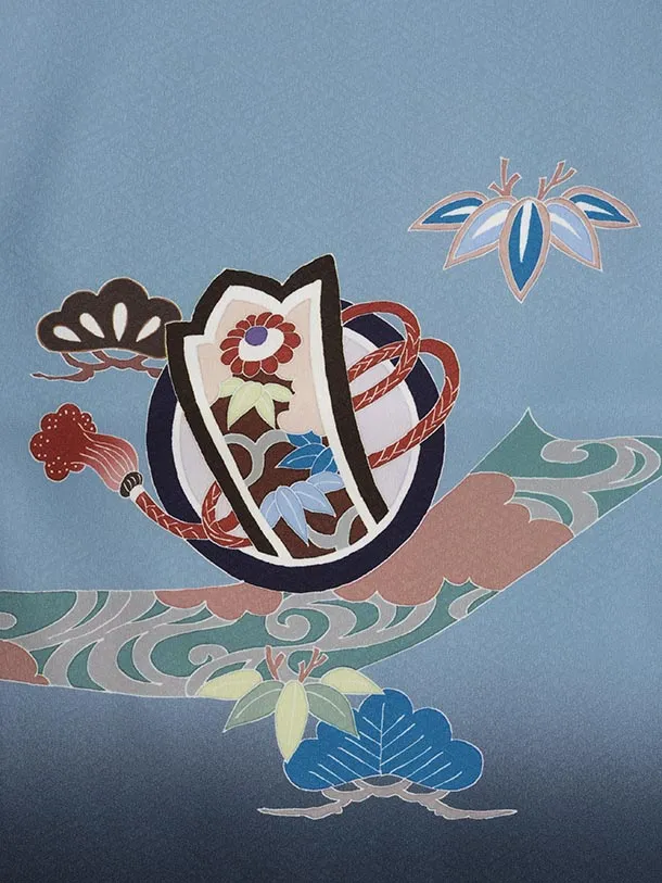 かんたん七五三(5歳男袴)X806 ブルーグレー 束ね熨斗に鷹×ベージュゴールド