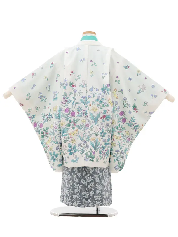かんたん七五三(5歳男袴)X808 オフ白フラワー×ブルーグレー