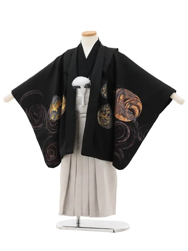 かんたん七五三(5歳男袴)X817 黒地 渦に鳳凰×シルバーグレー