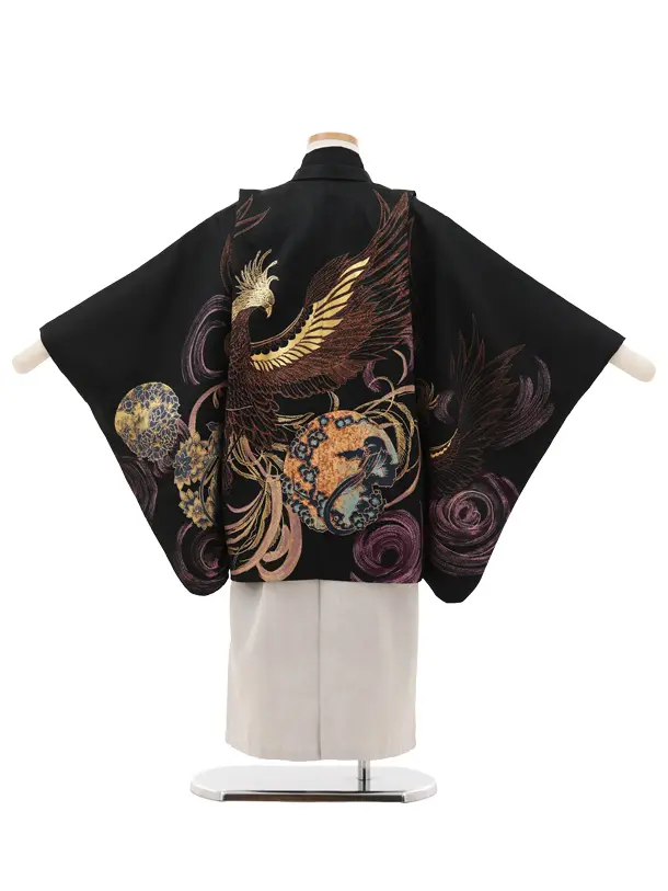 かんたん七五三(5歳男袴)X817 黒地 渦に鳳凰×シルバーグレー