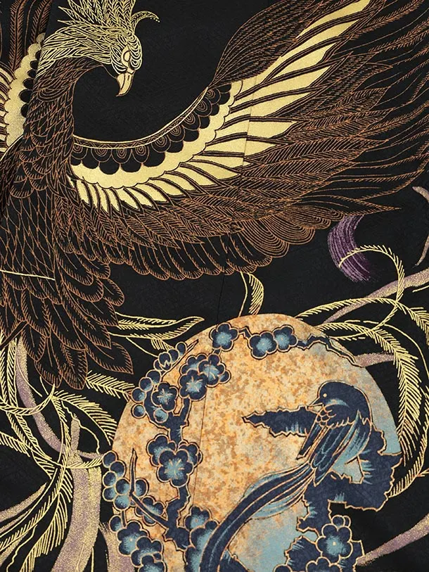 かんたん七五三(5歳男袴)X817 黒地 渦に鳳凰×シルバーグレー