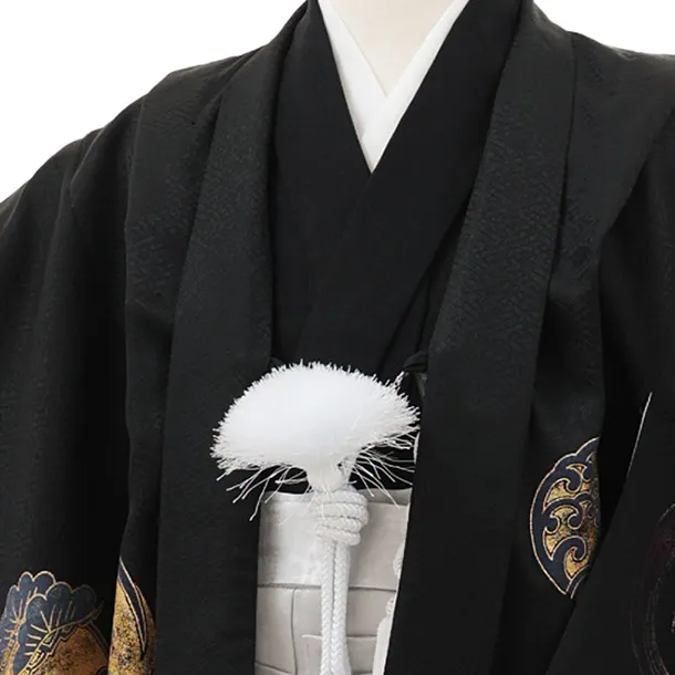 かんたん七五三(5歳男袴)X817 黒地 渦に鳳凰×シルバーグレー