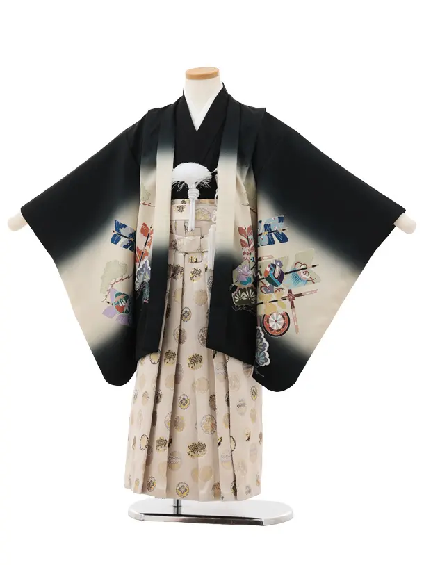 かんたん七五三(5歳男袴)X819 黒 吉祥文様 矢羽根×ベージュ雪輪