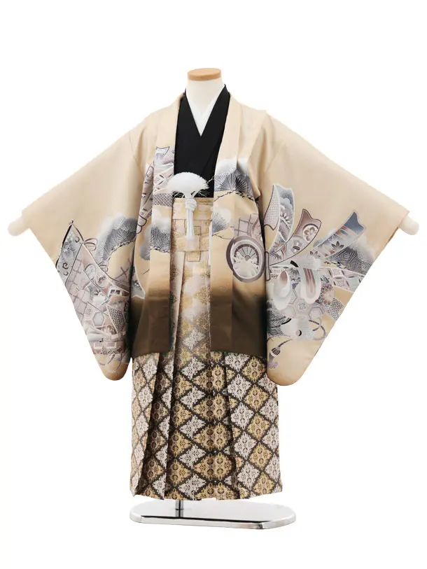 かんたん(5歳男袴)X822 ベージュぼかし 束ね熨斗に鷹×ベージュ菱ぼかし