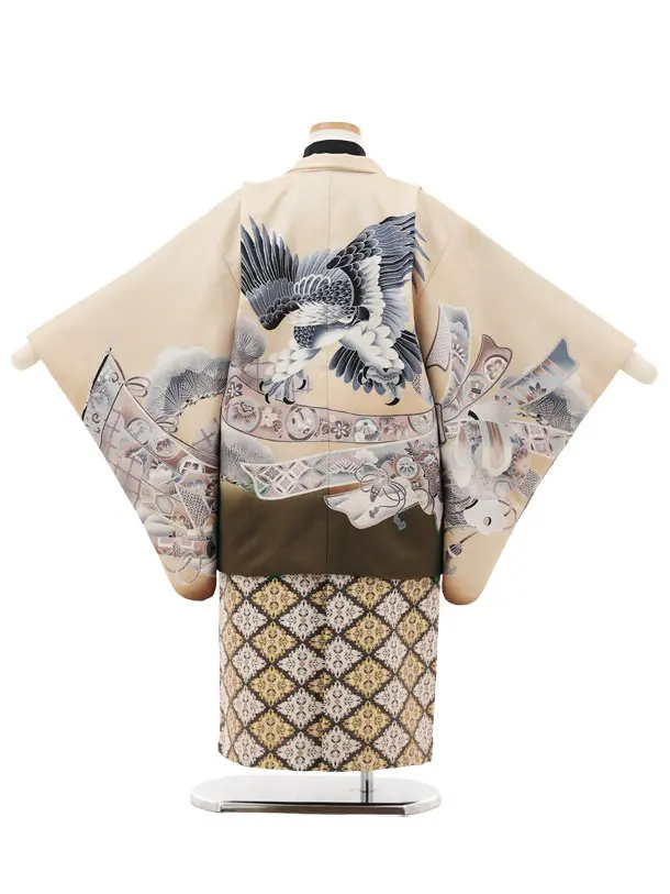 かんたん(5歳男袴)X822 ベージュぼかし 束ね熨斗に鷹×ベージュ菱ぼかし