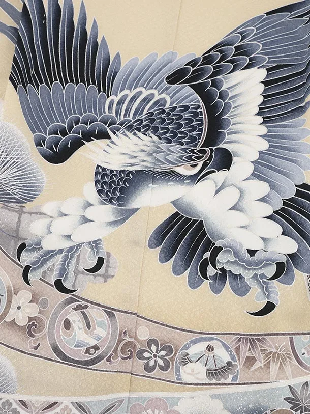 かんたん(5歳男袴)X822 ベージュぼかし 束ね熨斗に鷹×ベージュ菱ぼかし