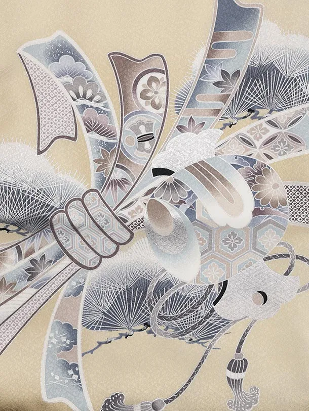 かんたん(5歳男袴)X822 ベージュぼかし 束ね熨斗に鷹×ベージュ菱ぼかし