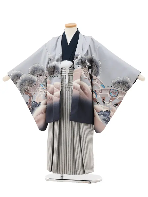 かんたん(5歳男袴)X823 ブルーグレーぼかし 松波兜×シルバーストライプ