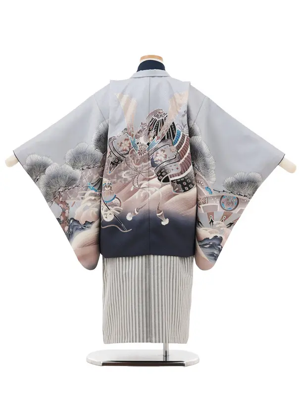 かんたん(5歳男袴)X823 ブルーグレーぼかし 松波兜×シルバーストライプ