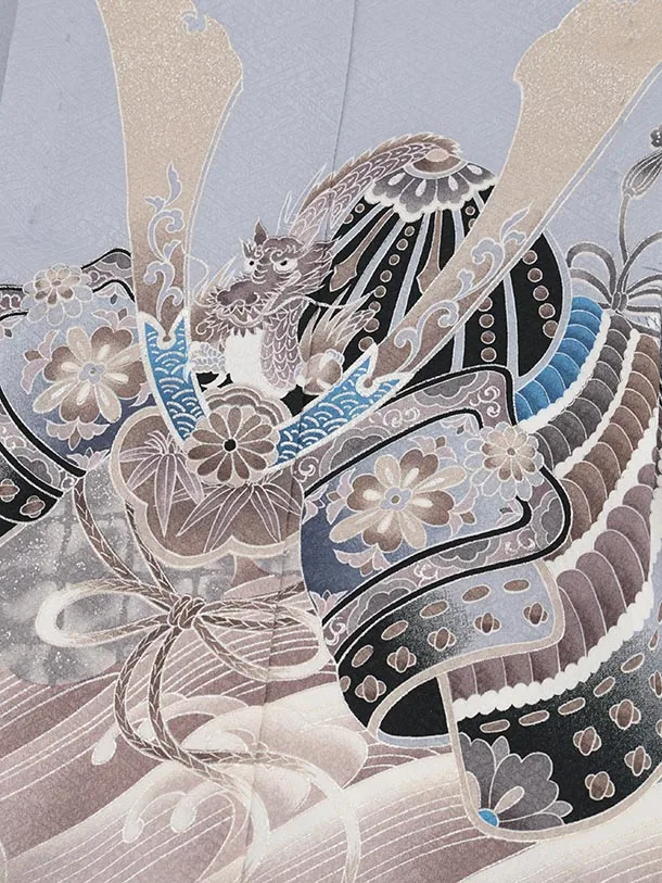 かんたん(5歳男袴)X823 ブルーグレーぼかし 松波兜×シルバーストライプ