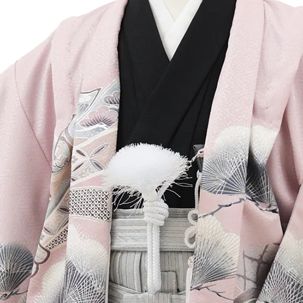 かんたん(5歳男袴)X826 ピンクパープルぼかし 熨斗に鷹×シルバー黒縞