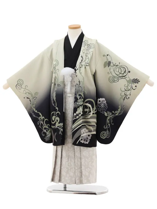 かんたん七五三(5歳男袴)X829 グリーンベージュぼかし桐唐草×グレージュ