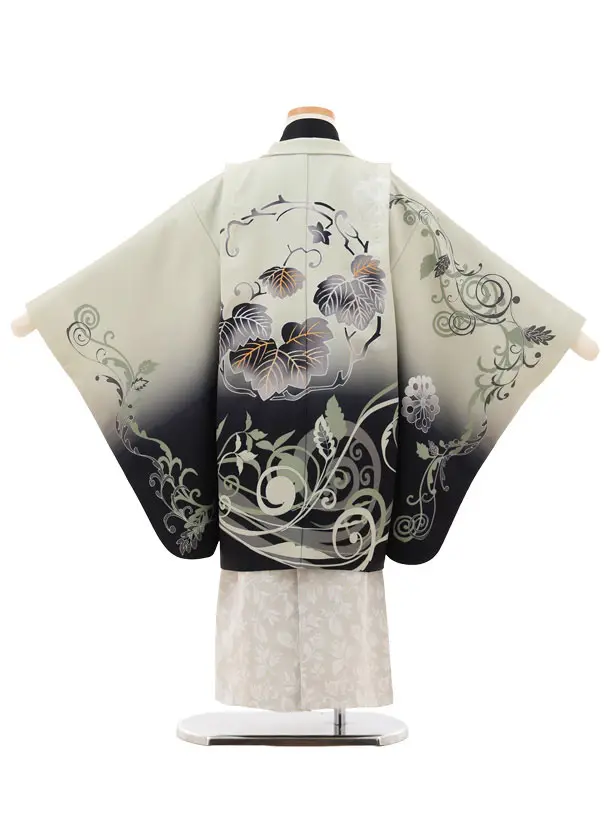 かんたん七五三(5歳男袴)X829 グリーンベージュぼかし桐唐草×グレージュ