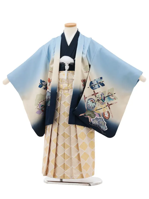 かんたん七五三(5歳男袴)X831 水色ぼかし 吉祥文様 矢羽根×ゴールド菱