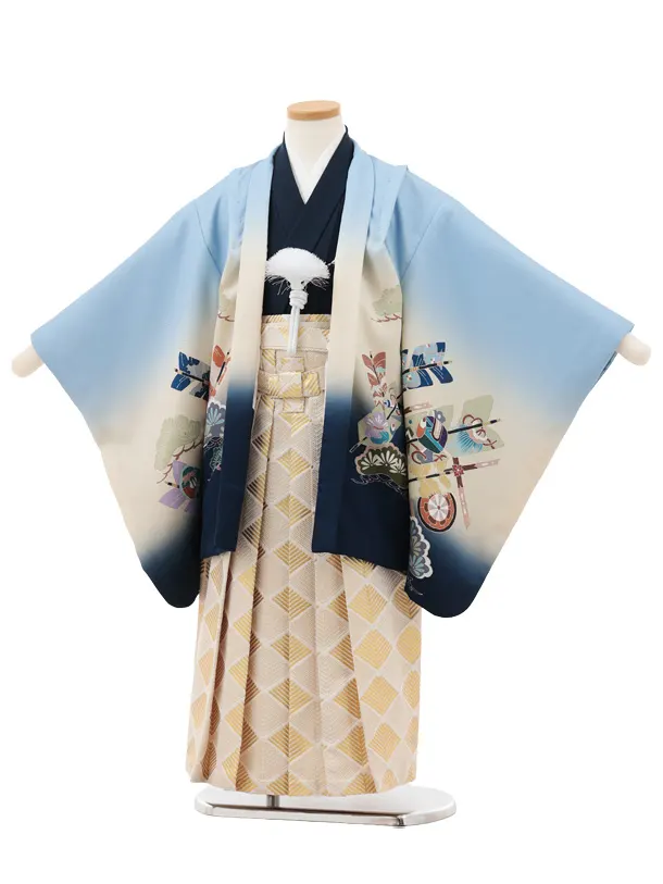 かんたん七五三(5歳男袴)X831 水色ぼかし 吉祥文様 矢羽根×ゴールド菱