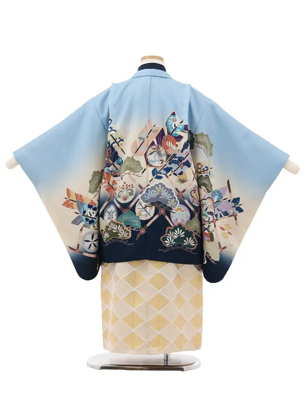 かんたん七五三(5歳男袴)X831 水色ぼかし 吉祥文様 矢羽根×ゴールド菱