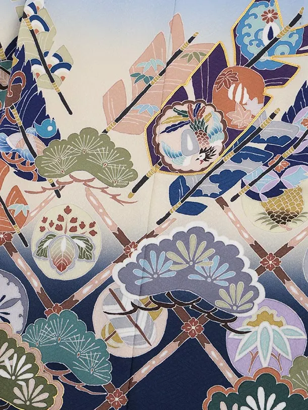 かんたん七五三(5歳男袴)X831 水色ぼかし 吉祥文様 矢羽根×ゴールド菱