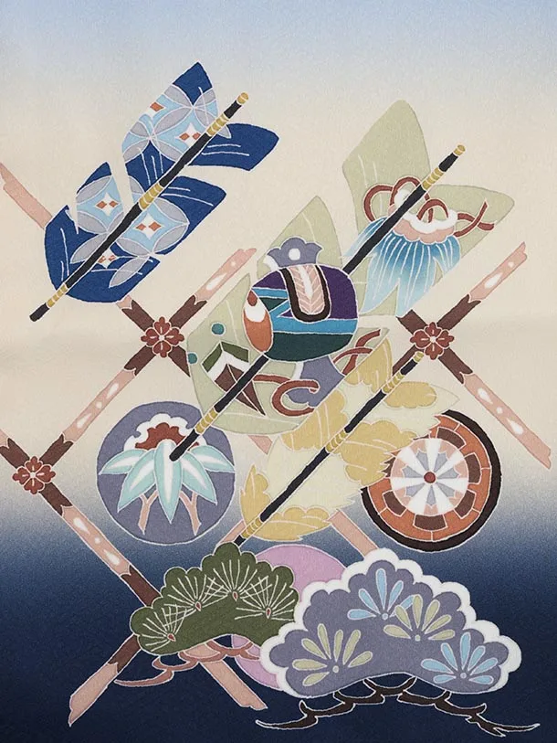 かんたん七五三(5歳男袴)X831 水色ぼかし 吉祥文様 矢羽根×ゴールド菱