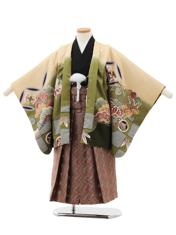 かんたん七五三(5歳男袴)X835 クリームベージュぼかし白鷹×ブラウン