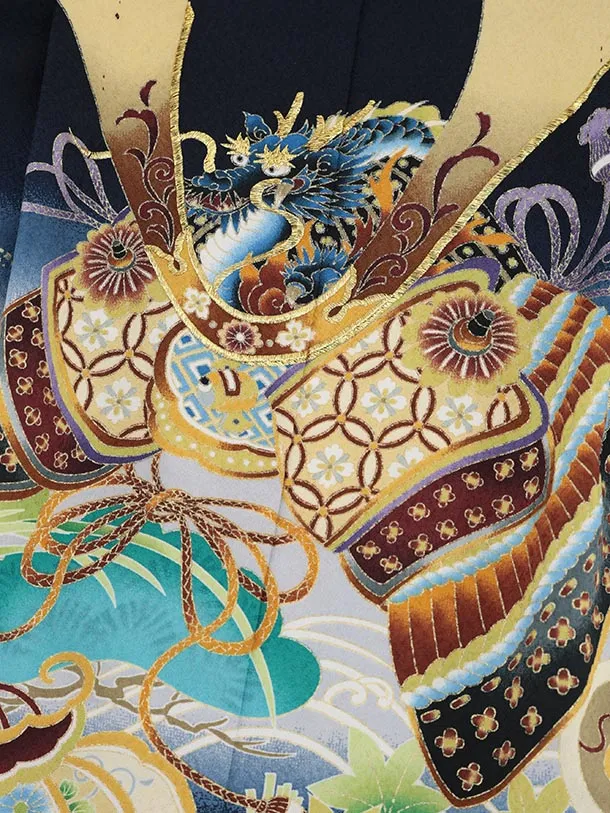 かんたん七五三(5歳男袴)X836 紺地 吉祥文様に兜×白シルバー