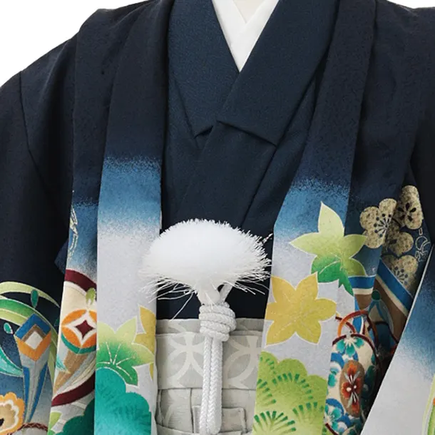 かんたん七五三(5歳男袴)X836 紺地 吉祥文様に兜×白シルバー