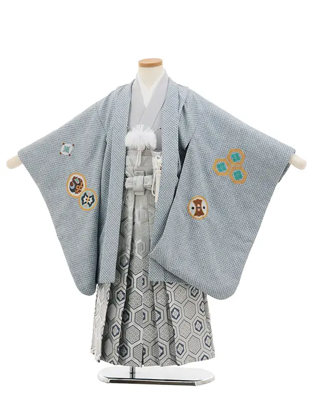 七五三(5歳男袴)X846 ブルーグレー疋田柄刺繍鷹兜×銀紺亀甲