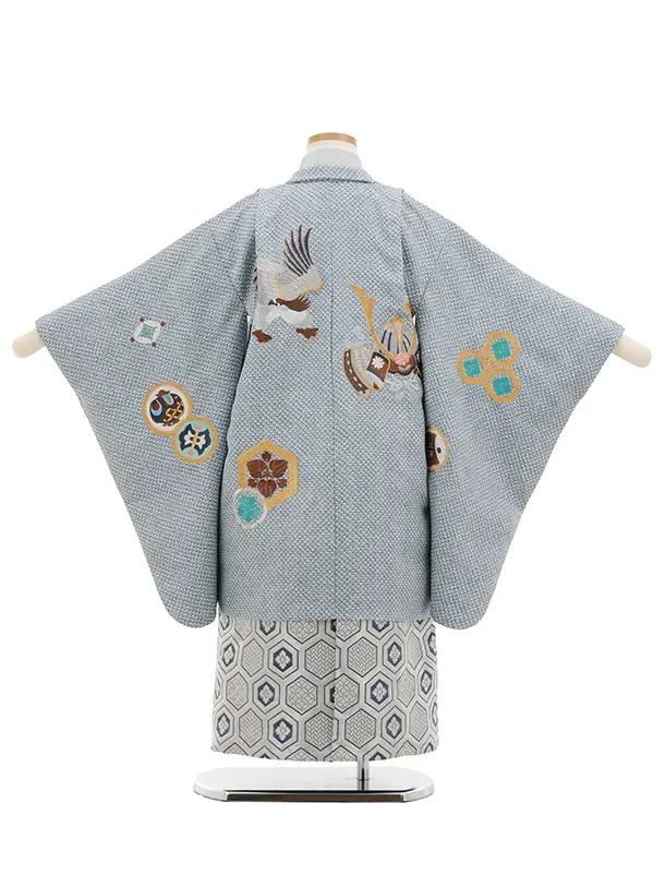 七五三(5歳男袴)X846 ブルーグレー疋田柄刺繍鷹兜×銀紺亀甲