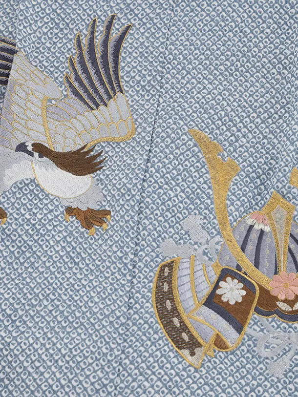 七五三(5歳男袴)X846 ブルーグレー疋田柄刺繍鷹兜×銀紺亀甲