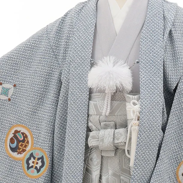 七五三(5歳男袴)X846 ブルーグレー疋田柄刺繍鷹兜×銀紺亀甲
