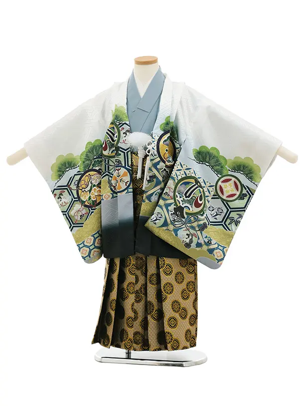 かんたん七五三(5歳男袴)X855 白地裾黒亀甲花紋鷹×ゴールド黒