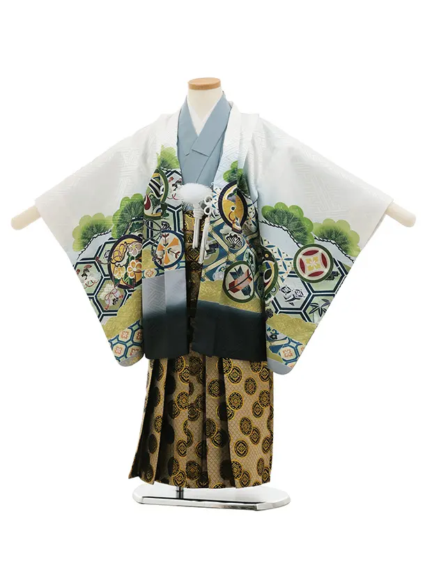 かんたん七五三(5歳男袴)X855 白地裾黒亀甲丸紋鷹×ゴールド黒