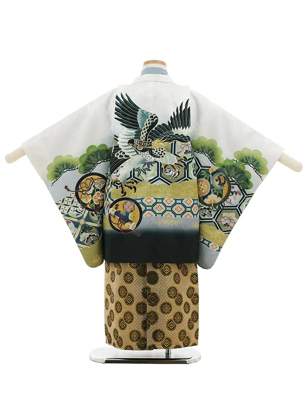 かんたん七五三(5歳男袴)X855 白地裾黒亀甲丸紋鷹×ゴールド黒