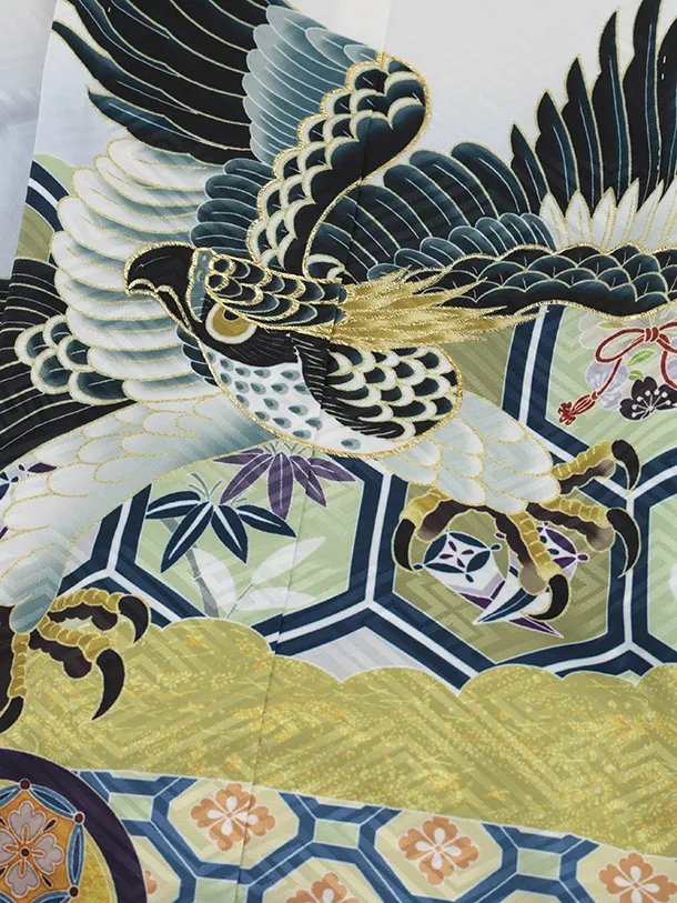 かんたん七五三(5歳男袴)X855 白地裾黒亀甲丸紋鷹×ゴールド黒