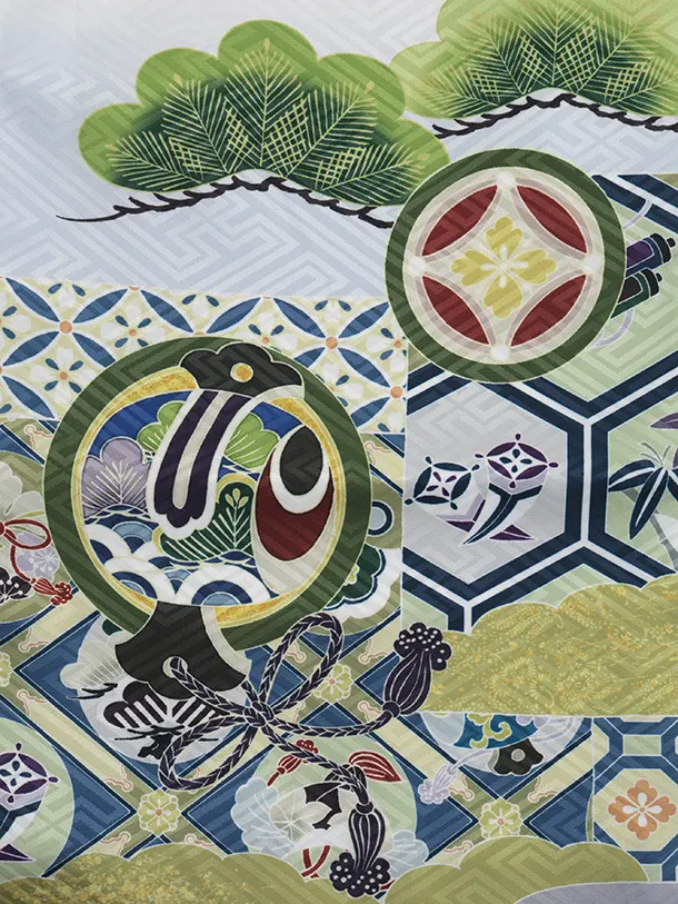 かんたん七五三(5歳男袴)X855 白地裾黒亀甲丸紋鷹×ゴールド黒