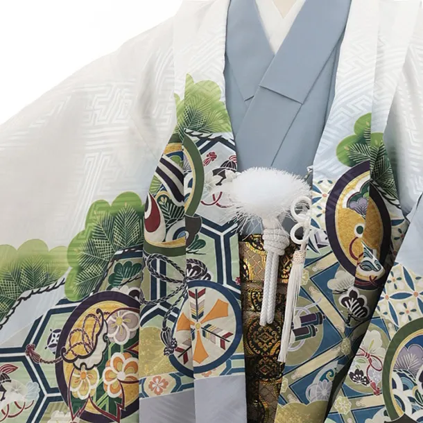 かんたん七五三(5歳男袴)X855 白地裾黒亀甲丸紋鷹×ゴールド黒