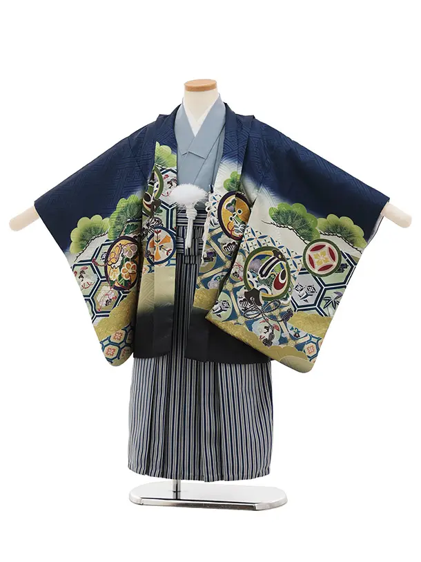 かんたん七五三(5歳男袴)X856 紺地裾黒亀甲丸紋鷹×紺縞